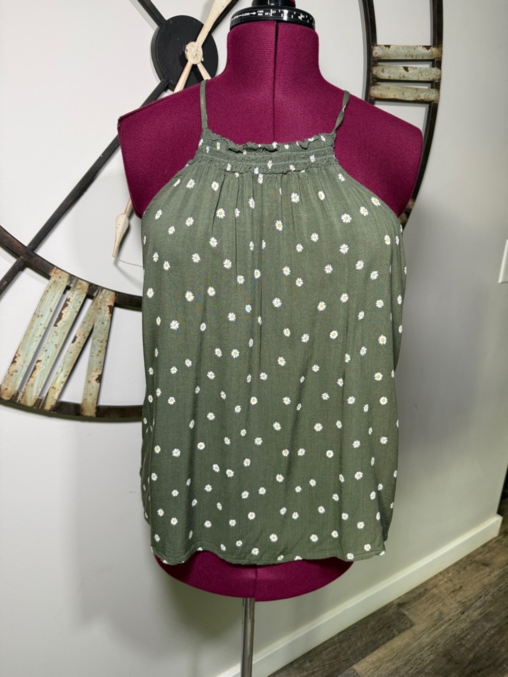 Olive Green Daisy Floral Halter-StyleTank Top